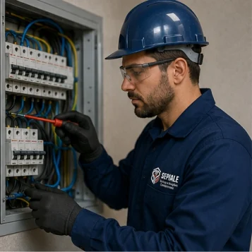 Eletricista trabalhando em quadro elétrico