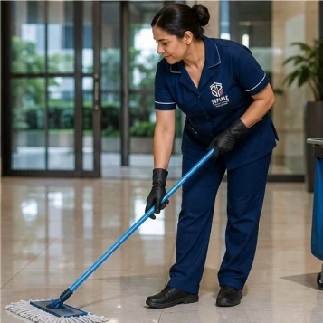 Profissional realizando limpeza de área comum